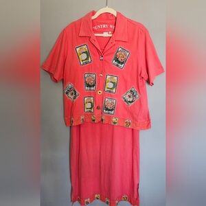 Vintage Cottagecore Maxi Dress Top 2pc Set Size Coral Floral Patch Garden Art